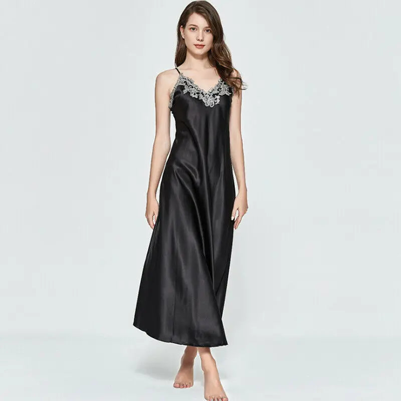 Summer Women Sexy Sling Halter Satin V-Neck Long Nightdress Silk Lace Nightgown Sleepwear Robe Dress Babydoll Underwear