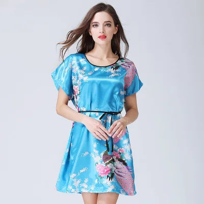 New Sexy Short Sleeves Loose Lingerie Women Print Satin Faux Silk Sleepwear Nightgown Elegant Female Short Nightdress Underwear