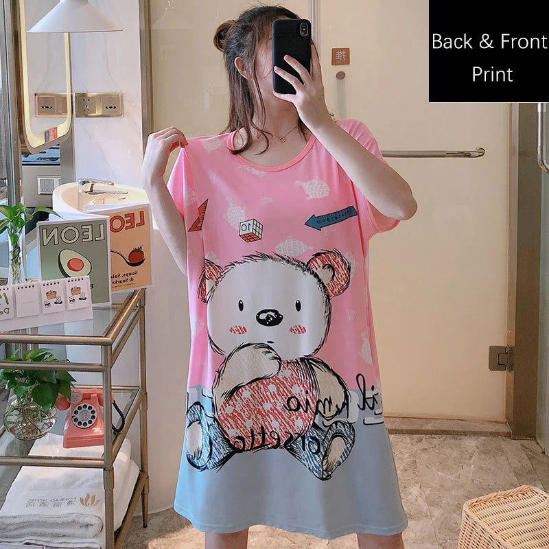 Women Printed Cartoon Sexy Sleepwear Round Neck Lingerie Cute Nightdress One Piece Thin Summer Female Pajamas Nighty Home Wear