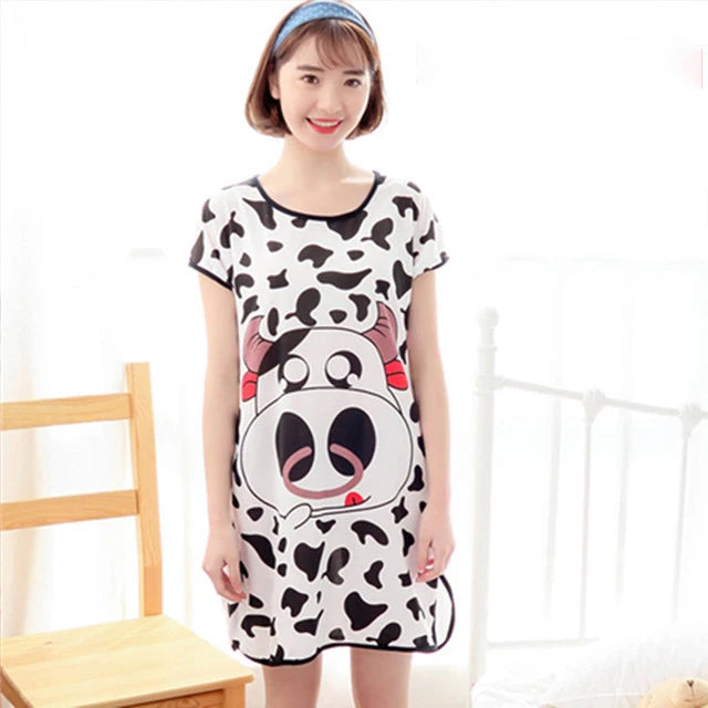 Women Printed Cartoon Sexy Sleepwear Round Neck Lingerie Cute Nightdress One Piece Thin Summer Female Pajamas Nighty Home Wear