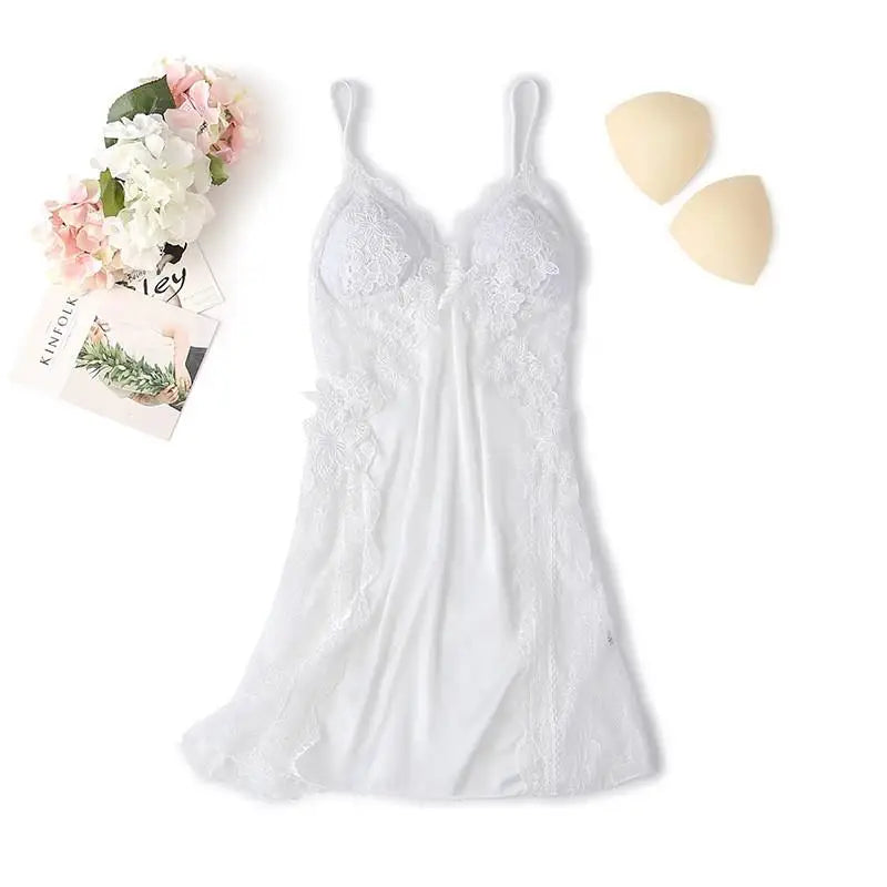 Appliques Sexy Nightgown Satin Women Lace Sleep Dress Loose Hollow Out Nightdress Sleepwear V-Neck Rayon Home Dressing Gown