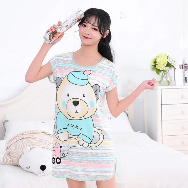 Women Printed Cartoon Sexy Sleepwear Round Neck Lingerie Cute Nightdress One Piece Thin Summer Female Pajamas Nighty Home Wear