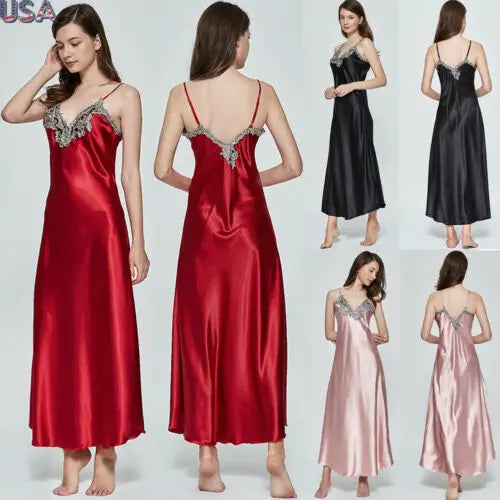 Summer Women Sexy Sling Halter Satin V-Neck Long Nightdress Silk Lace Nightgown Sleepwear Robe Dress Babydoll Underwear