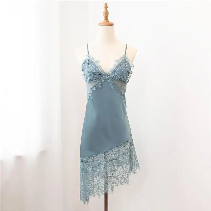 Spaghetti Sling Mini Homewear Sexy Lace Nightwear Intimate Lingerie Casual Summer New Home Clothing Nightgown Satin Sleepwear