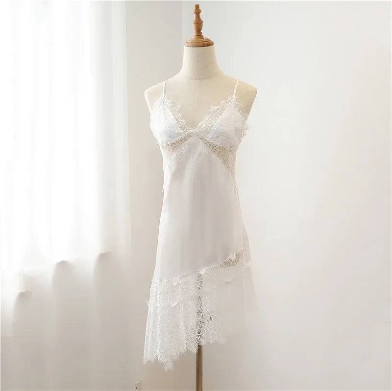 Spaghetti Sling Mini Homewear Sexy Lace Nightwear Intimate Lingerie Casual Summer New Home Clothing Nightgown Satin Sleepwear