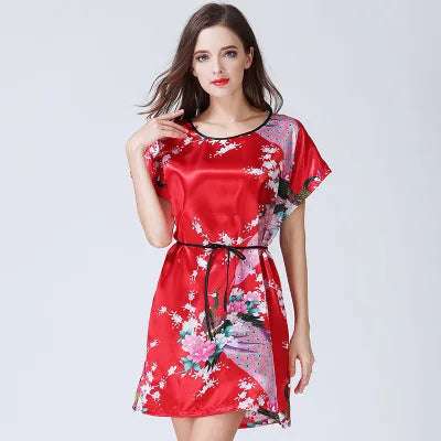 New Sexy Short Sleeves Loose Lingerie Women Print Satin Faux Silk Sleepwear Nightgown Elegant Female Short Nightdress Underwear