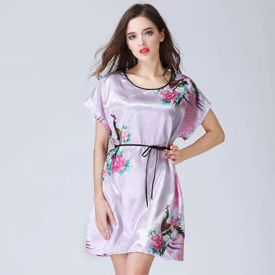 New Sexy Short Sleeves Loose Lingerie Women Print Satin Faux Silk Sleepwear Nightgown Elegant Female Short Nightdress Underwear