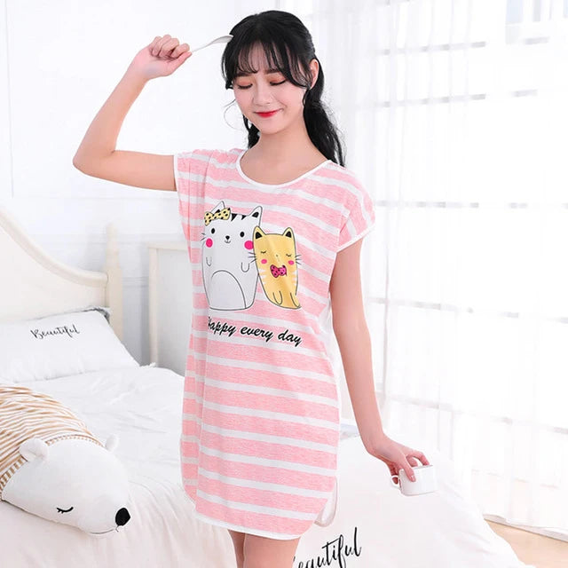 Women Printed Cartoon Sexy Sleepwear Round Neck Lingerie Cute Nightdress One Piece Thin Summer Female Pajamas Nighty Home Wear