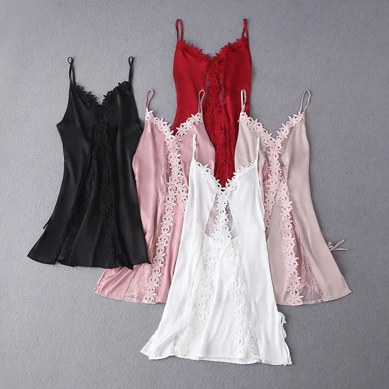 Appliques Sexy Nightgown Satin Women Lace Sleep Dress Loose Hollow Out Nightdress Sleepwear V-Neck Rayon Home Dressing Gown