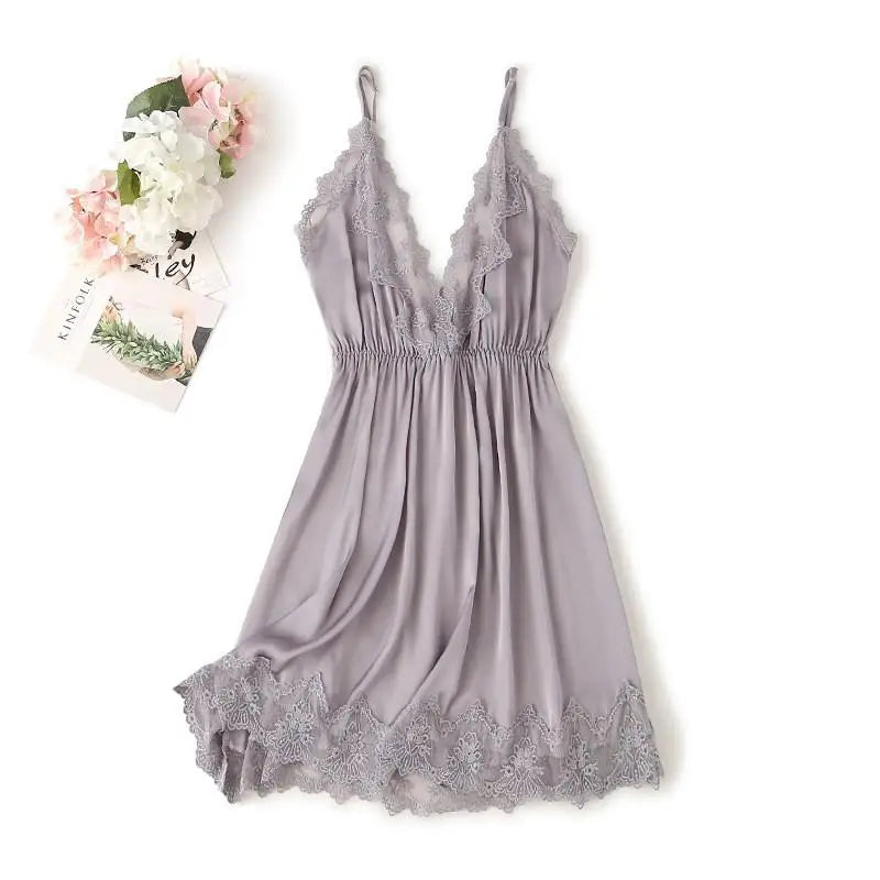 Appliques Sexy Nightgown Satin Women Lace Sleep Dress Loose Hollow Out Nightdress Sleepwear V-Neck Rayon Home Dressing Gown