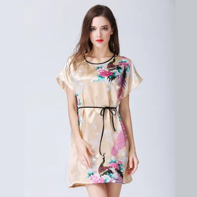 New Sexy Short Sleeves Loose Lingerie Women Print Satin Faux Silk Sleepwear Nightgown Elegant Female Short Nightdress Underwear