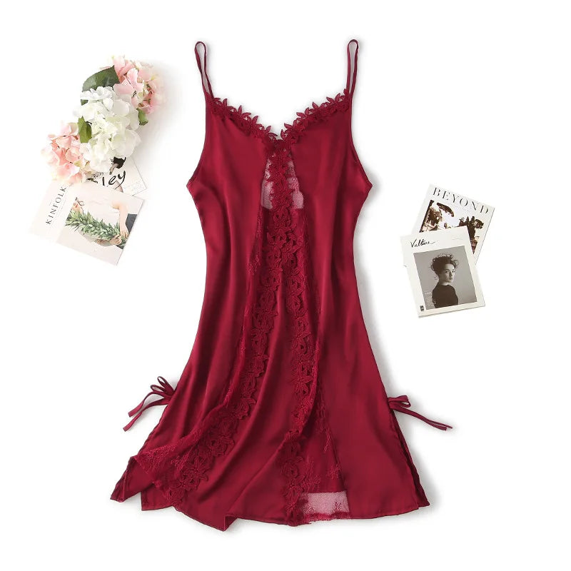 Appliques Sexy Nightgown Satin Women Lace Sleep Dress Loose Hollow Out Nightdress Sleepwear V-Neck Rayon Home Dressing Gown