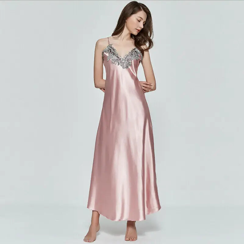 Summer Women Sexy Sling Halter Satin V-Neck Long Nightdress Silk Lace Nightgown Sleepwear Robe Dress Babydoll Underwear