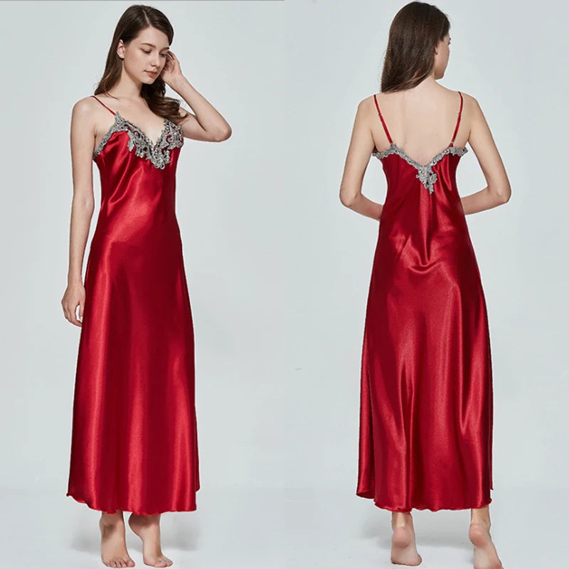 Summer Women Sexy Sling Halter Satin V-Neck Long Nightdress Silk Lace Nightgown Sleepwear Robe Dress Babydoll Underwear