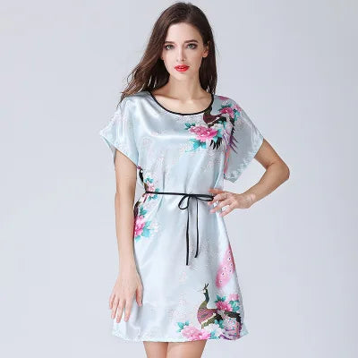 New Sexy Short Sleeves Loose Lingerie Women Print Satin Faux Silk Sleepwear Nightgown Elegant Female Short Nightdress Underwear