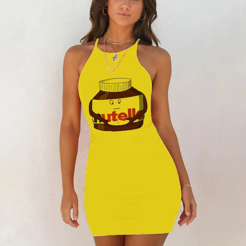 Cute Nutella Print Night Dress Women Nightgown Slim Pack Hip Sleeveless Sleepshirts Nightdress Sexy Yellow Sleepwear 2020 New