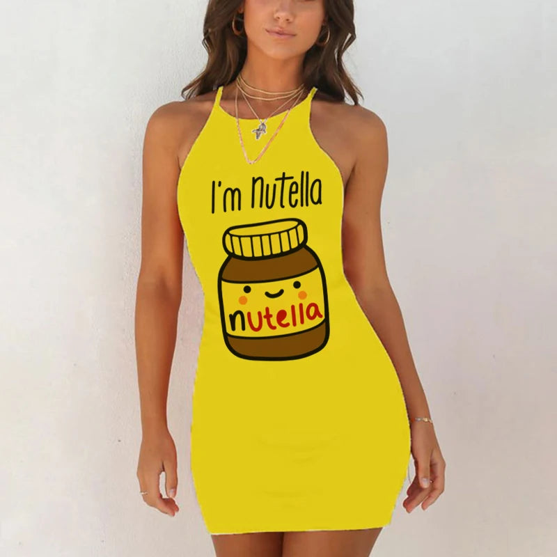 Cute Nutella Print Night Dress Women Nightgown Slim Pack Hip Sleeveless Sleepshirts Nightdress Sexy Yellow Sleepwear 2020 New