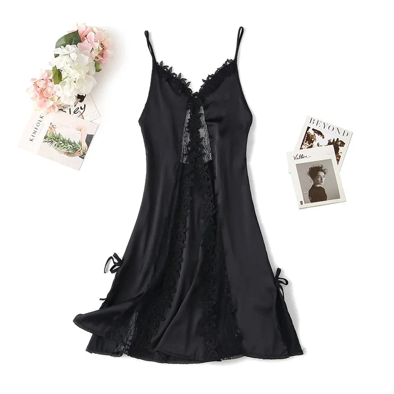 Appliques Sexy Nightgown Satin Women Lace Sleep Dress Loose Hollow Out Nightdress Sleepwear V-Neck Rayon Home Dressing Gown