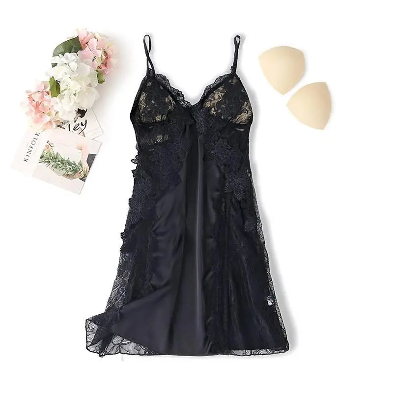 Appliques Sexy Nightgown Satin Women Lace Sleep Dress Loose Hollow Out Nightdress Sleepwear V-Neck Rayon Home Dressing Gown