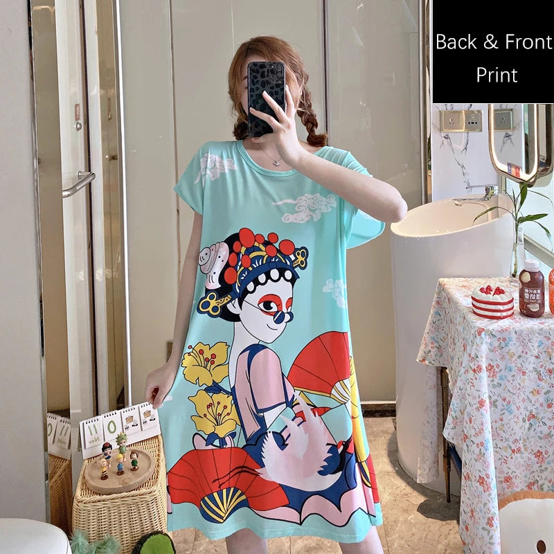 Women Printed Cartoon Sexy Sleepwear Round Neck Lingerie Cute Nightdress One Piece Thin Summer Female Pajamas Nighty Home Wear