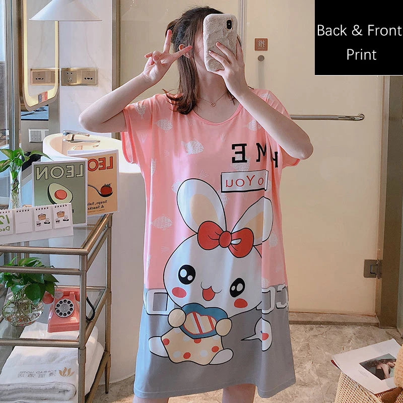 Women Printed Cartoon Sexy Sleepwear Round Neck Lingerie Cute Nightdress One Piece Thin Summer Female Pajamas Nighty Home Wear