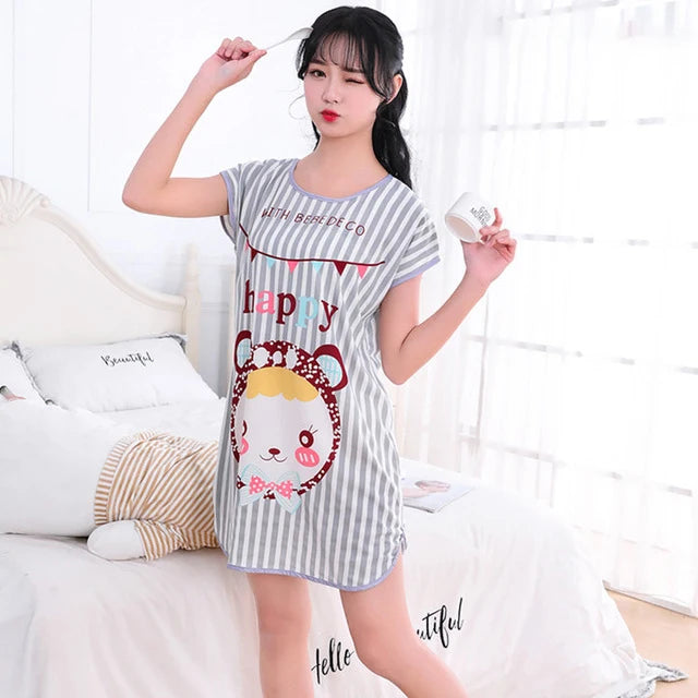 Women Printed Cartoon Sexy Sleepwear Round Neck Lingerie Cute Nightdress One Piece Thin Summer Female Pajamas Nighty Home Wear