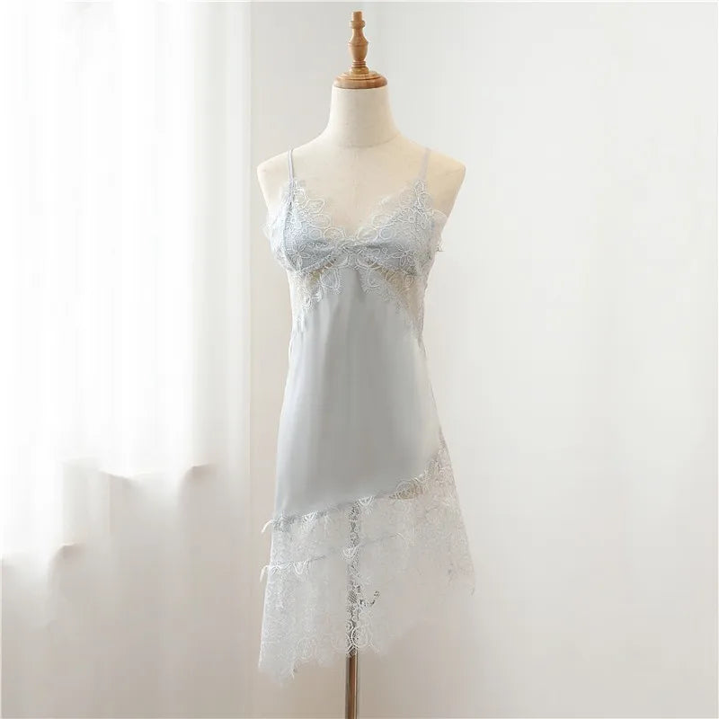 Spaghetti Sling Mini Homewear Sexy Lace Nightwear Intimate Lingerie Casual Summer New Home Clothing Nightgown Satin Sleepwear