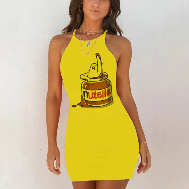 Cute Nutella Print Night Dress Women Nightgown Slim Pack Hip Sleeveless Sleepshirts Nightdress Sexy Yellow Sleepwear 2020 New