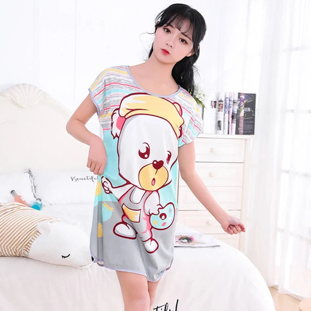 Women Printed Cartoon Sexy Sleepwear Round Neck Lingerie Cute Nightdress One Piece Thin Summer Female Pajamas Nighty Home Wear