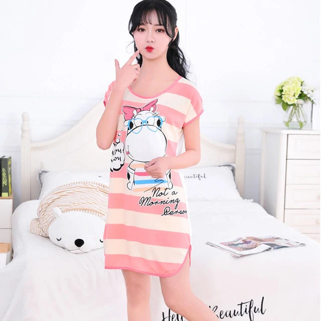 Women Printed Cartoon Sexy Sleepwear Round Neck Lingerie Cute Nightdress One Piece Thin Summer Female Pajamas Nighty Home Wear