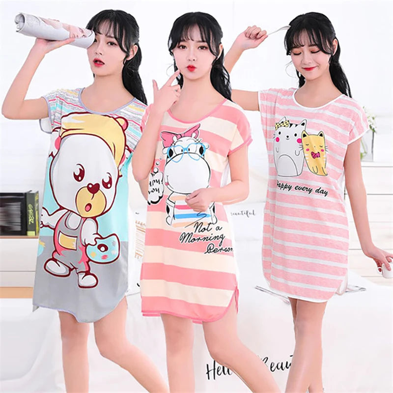 Women Printed Cartoon Sexy Sleepwear Round Neck Lingerie Cute Nightdress One Piece Thin Summer Female Pajamas Nighty Home Wear