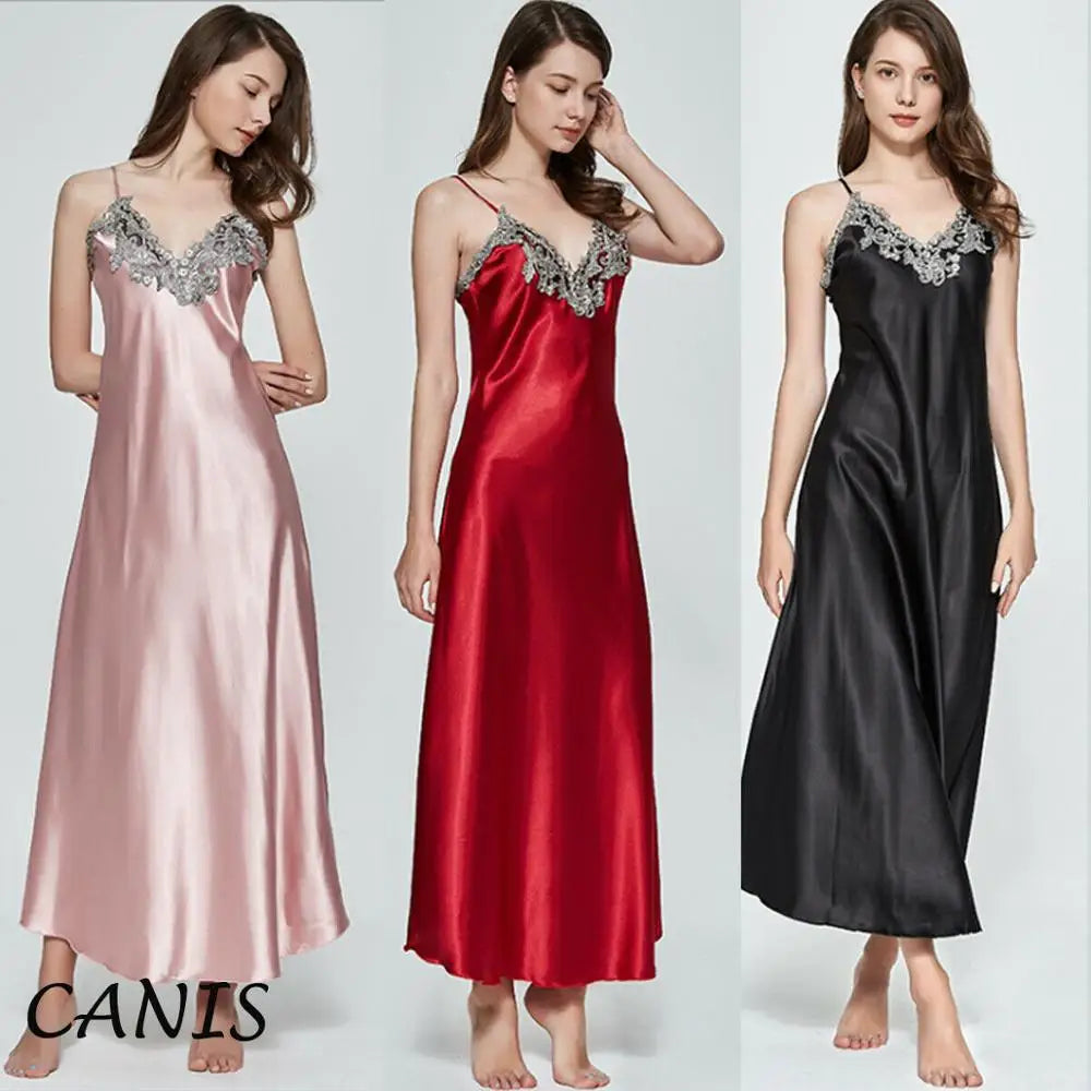 Summer Women Sexy Sling Halter Satin V-Neck Long Nightdress Silk Lace Nightgown Sleepwear Robe Dress Babydoll Underwear