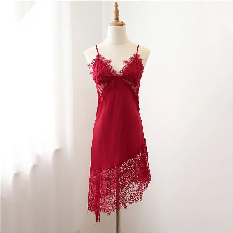 Spaghetti Sling Mini Homewear Sexy Lace Nightwear Intimate Lingerie Casual Summer New Home Clothing Nightgown Satin Sleepwear