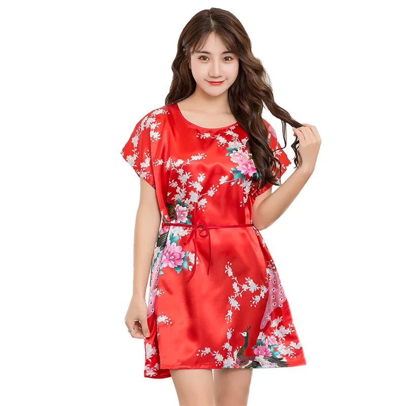 New Sexy Short Sleeves Loose Lingerie Women Print Satin Faux Silk Sleepwear Nightgown Elegant Female Short Nightdress Underwear