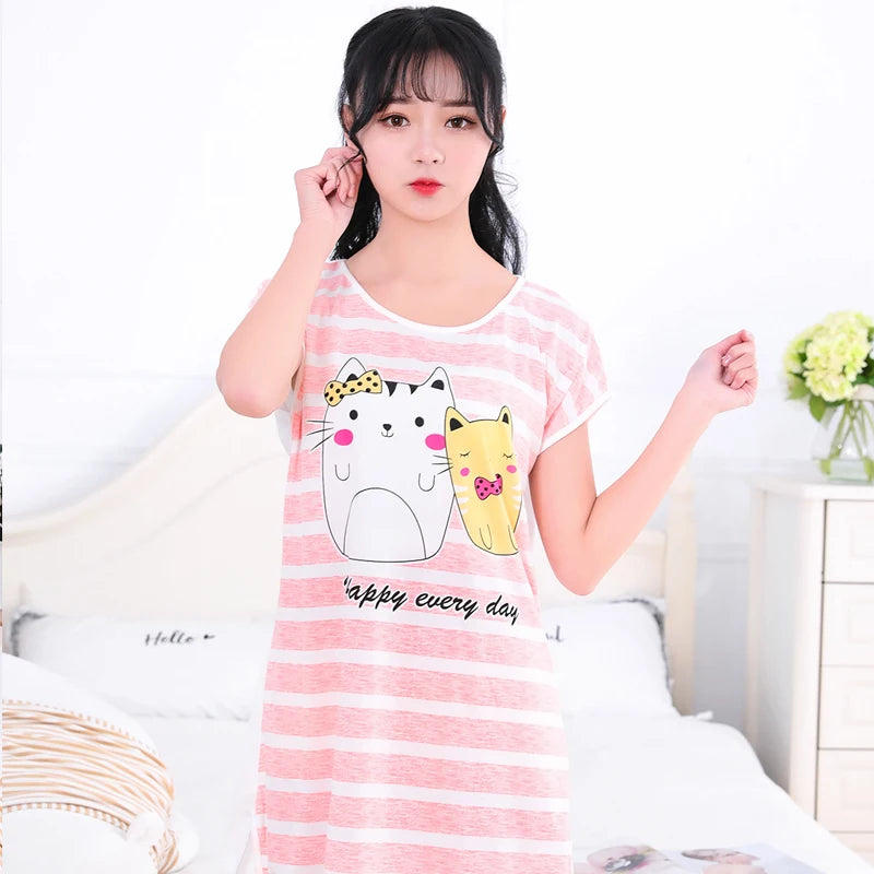 Women Printed Cartoon Sexy Sleepwear Round Neck Lingerie Cute Nightdress One Piece Thin Summer Female Pajamas Nighty Home Wear