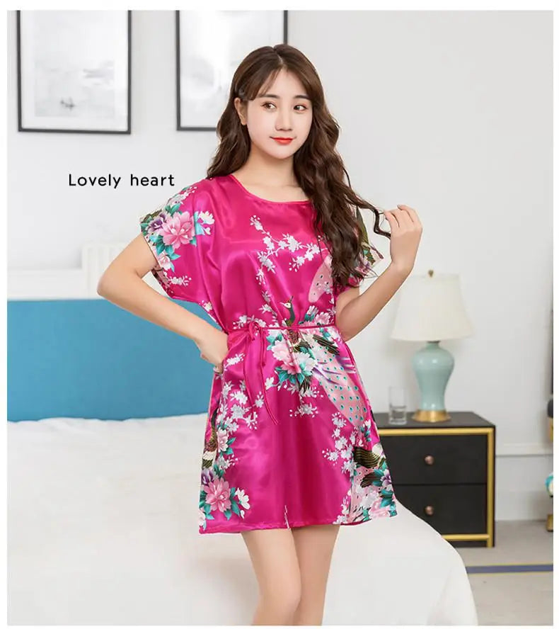 Summer New Women Nightgown Print Peacock Sleepwear Casual Night Dress Satin Sleep Shirt Sexy Nightshirt Female Sexy Home Dress