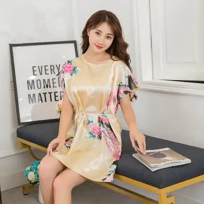 Summer New Women Nightgown Print Peacock Sleepwear Casual Night Dress Satin Sleep Shirt Sexy Nightshirt Female Sexy Home Dress