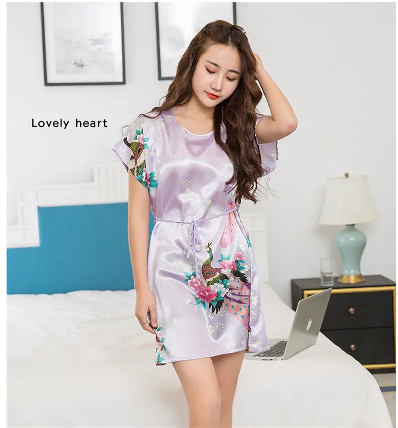 Summer New Women Nightgown Print Peacock Sleepwear Casual Night Dress Satin Sleep Shirt Sexy Nightshirt Female Sexy Home Dress