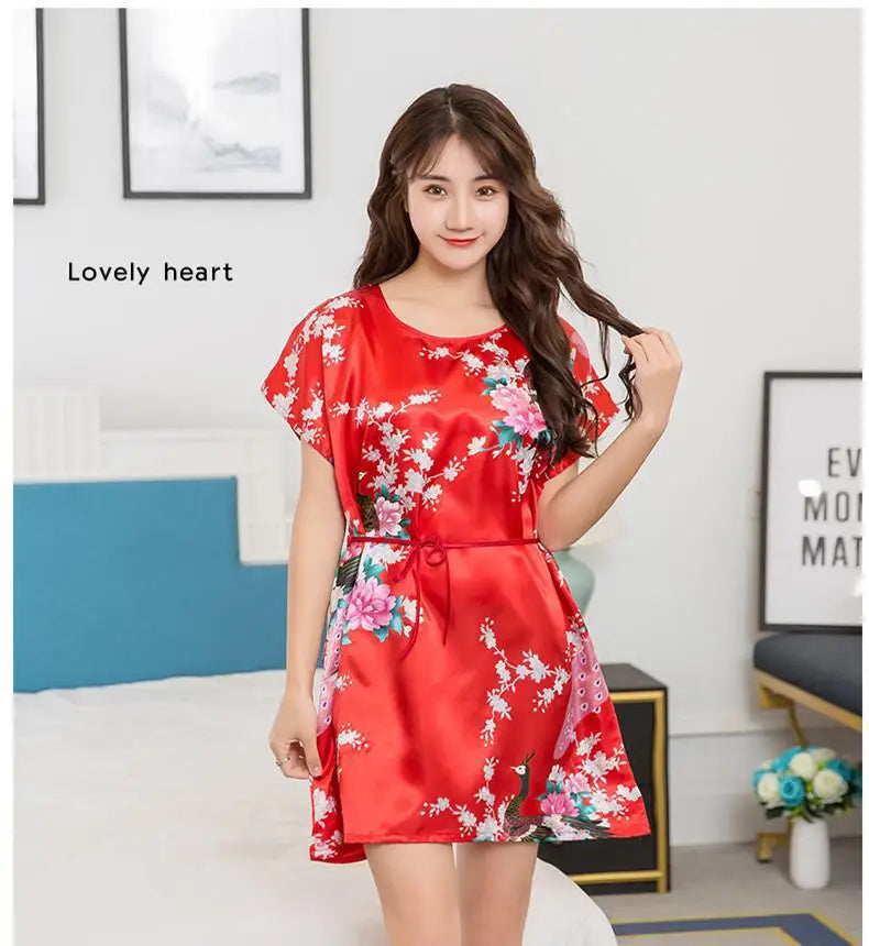 Summer New Women Nightgown Print Peacock Sleepwear Casual Night Dress Satin Sleep Shirt Sexy Nightshirt Female Sexy Home Dress