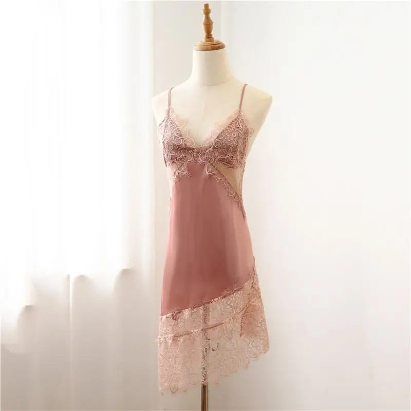 Spaghetti Sling Mini Homewear Sexy Lace Nightwear Intimate Lingerie Casual Summer New Home Clothing Nightgown Satin Sleepwear