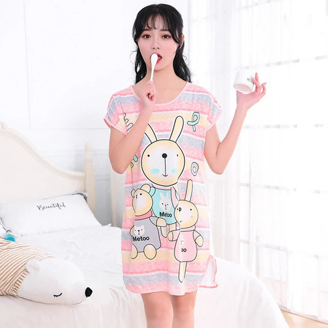 Women Printed Cartoon Sexy Sleepwear Round Neck Lingerie Cute Nightdress One Piece Thin Summer Female Pajamas Nighty Home Wear