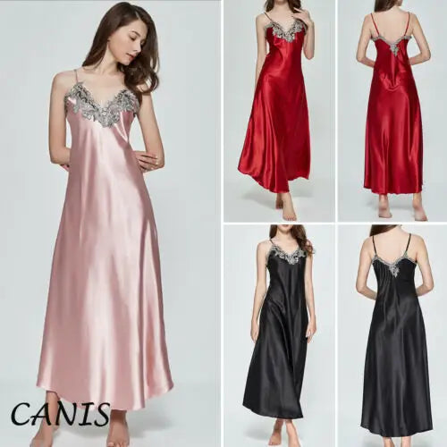 Summer Women Sexy Sling Halter Satin V-Neck Long Nightdress Silk Lace Nightgown Sleepwear Robe Dress Babydoll Underwear