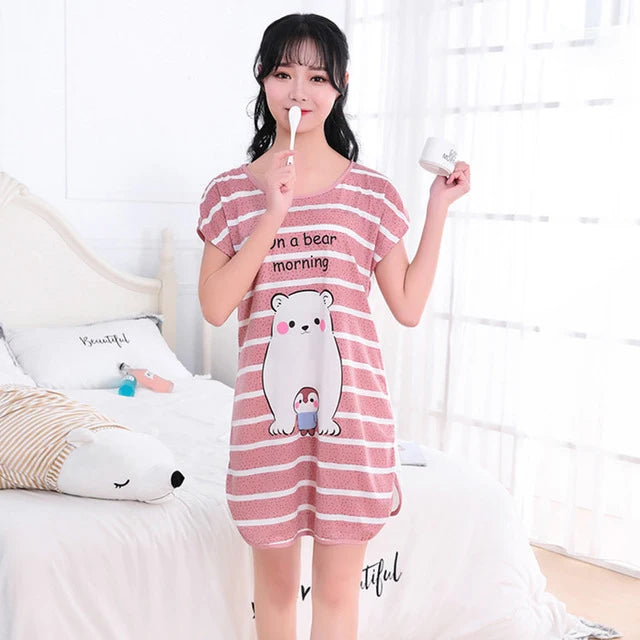 Women Printed Cartoon Sexy Sleepwear Round Neck Lingerie Cute Nightdress One Piece Thin Summer Female Pajamas Nighty Home Wear