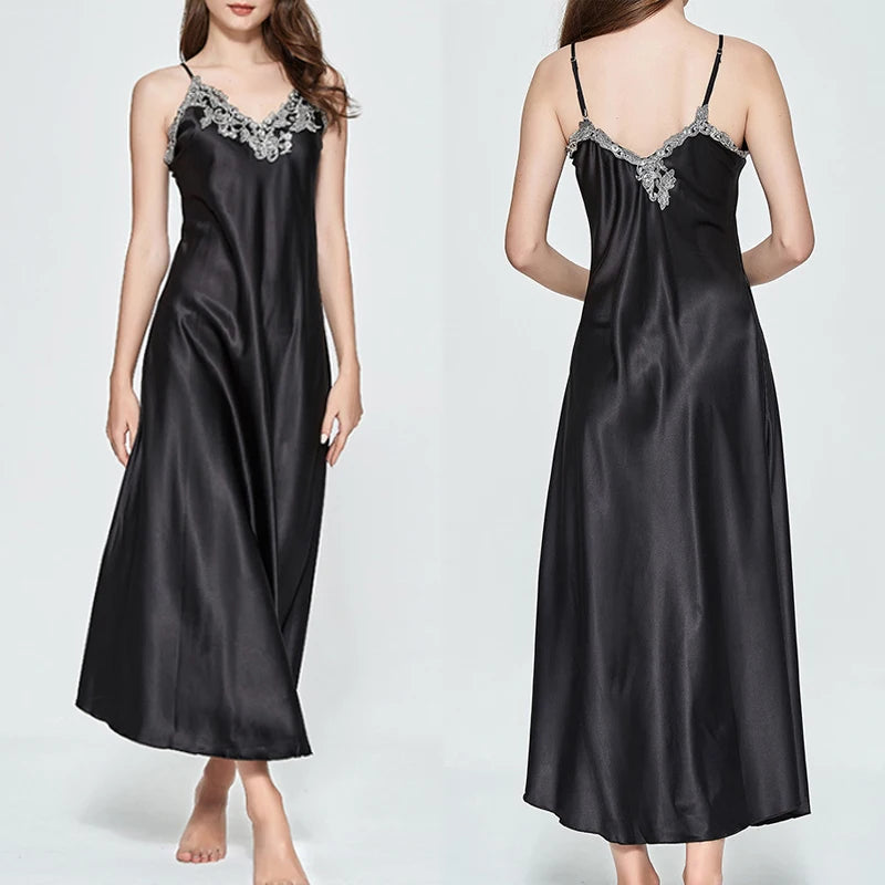 Summer Women Sexy Sling Halter Satin V-Neck Long Nightdress Silk Lace Nightgown Sleepwear Robe Dress Babydoll Underwear