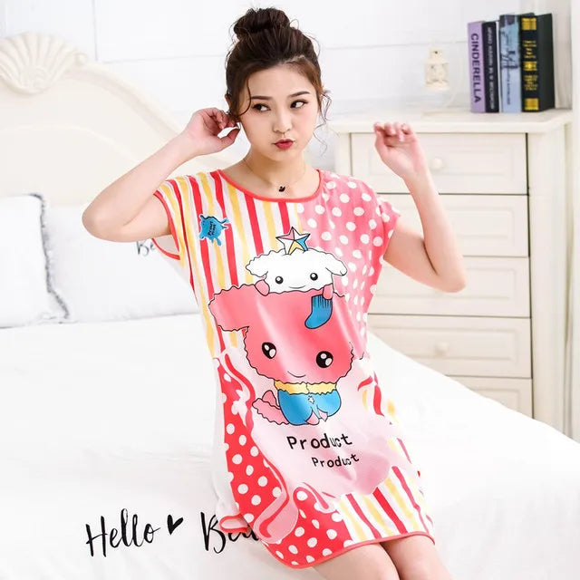 Women Printed Cartoon Sexy Sleepwear Round Neck Lingerie Cute Nightdress One Piece Thin Summer Female Pajamas Nighty Home Wear