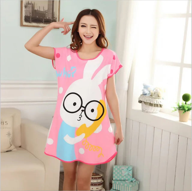 Women Printed Cartoon Sexy Sleepwear Round Neck Lingerie Cute Nightdress One Piece Thin Summer Female Pajamas Nighty Home Wear