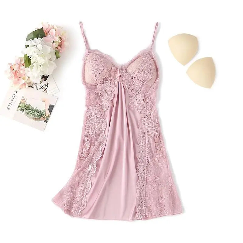 Appliques Sexy Nightgown Satin Women Lace Sleep Dress Loose Hollow Out Nightdress Sleepwear V-Neck Rayon Home Dressing Gown