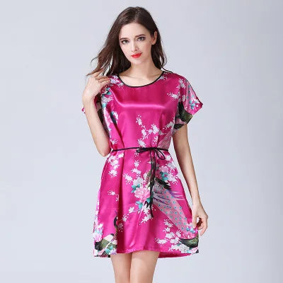 New Sexy Short Sleeves Loose Lingerie Women Print Satin Faux Silk Sleepwear Nightgown Elegant Female Short Nightdress Underwear