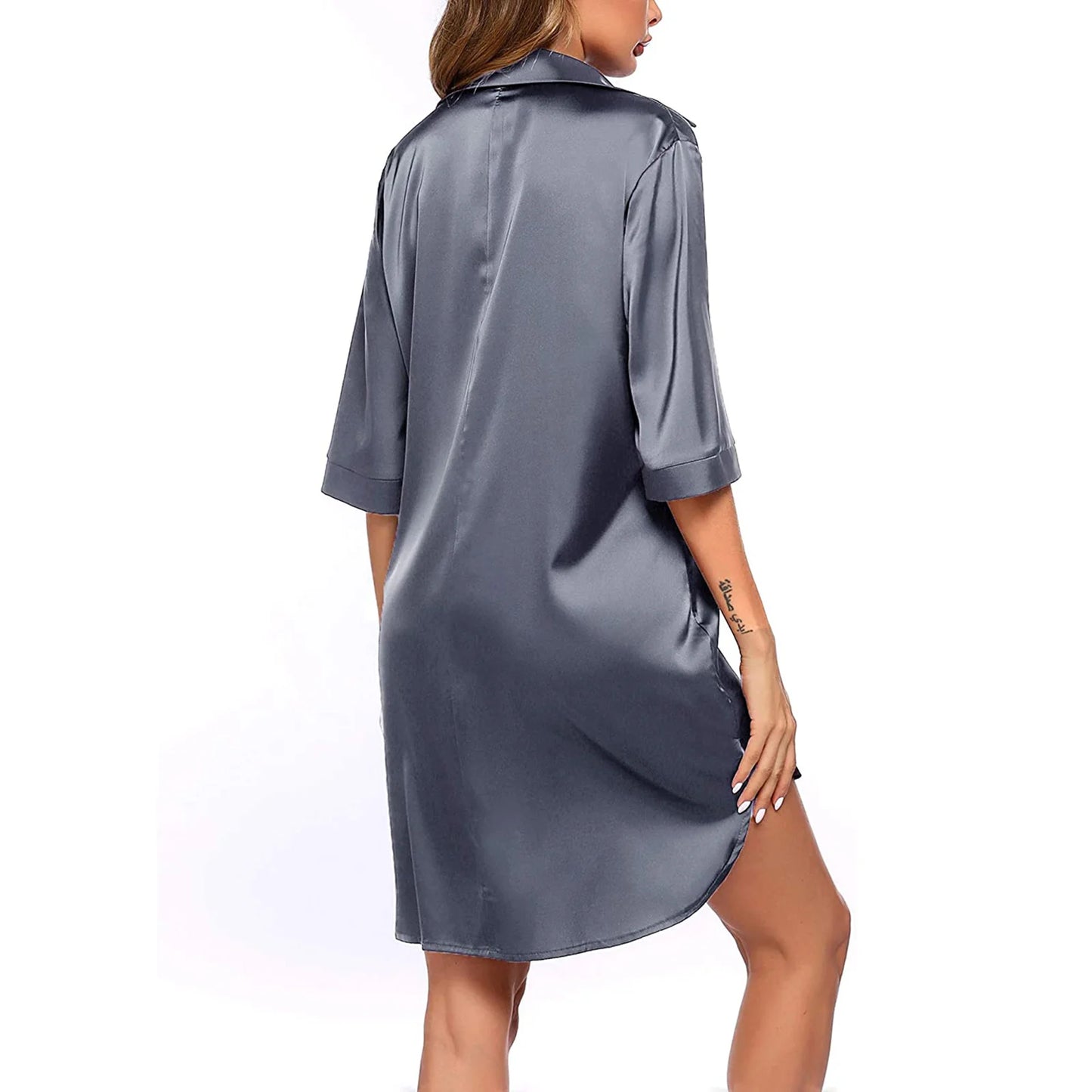 Women Button Down Sleepshirt Satin Silk Half Sleeve Loose Nightshirt For Lady Solid Colour Single Breasted Underwear Summer 2021