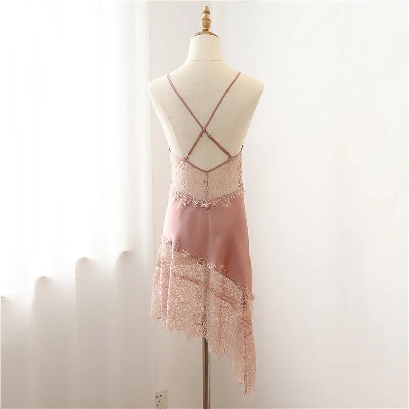 Spaghetti Sling Mini Homewear Sexy Lace Nightwear Intimate Lingerie Casual Summer New Home Clothing Nightgown Satin Sleepwear